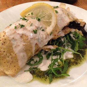 mushroom and leek crepe with almond bechamel at Henderson's Vegan in Edinburgh