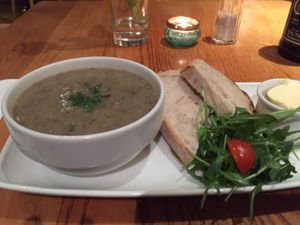 mushroom potato and fill soup  at Henderson's Vegan in Edinburgh