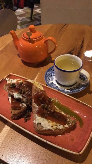 Cured Carrot Bruschetta w/ Ginger Tea at Henderson's Vegan in Edinburgh