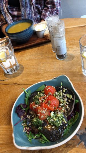 Portobello mushrooms and soup of the day at Henderson's Vegan in Edinburgh