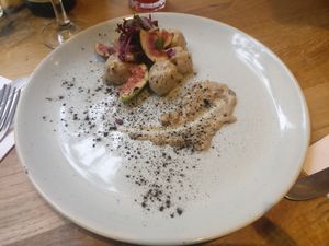 Starter dish with gnocci in a whisky date sauce at Henderson's Vegan in Edinburgh