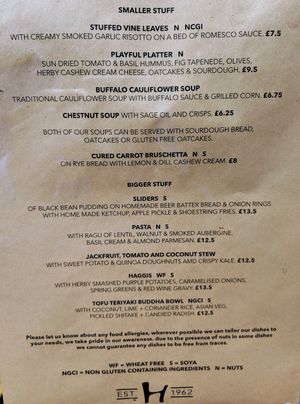 Menu, May 2019 at Henderson's Vegan in Edinburgh