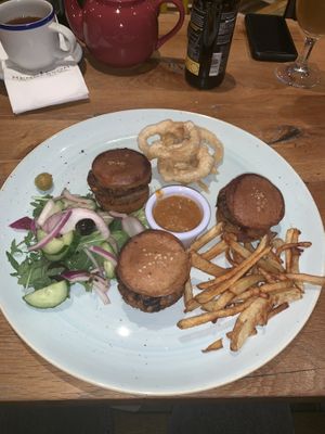 Vegan bean burger sliders with shoestring fries and onion rings at Henderson's Vegan in Edinburgh