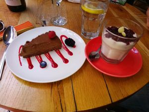 Chocolate mousse cake and cheesecake in a glass. So tasty! at Henderson's Vegan in Edinburgh
