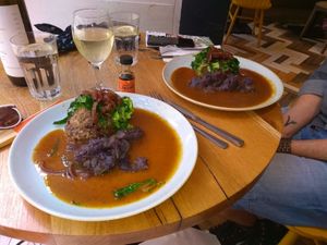 Vegan haggis with crushed purple potatoes. Incredible! at Henderson's Vegan in Edinburgh