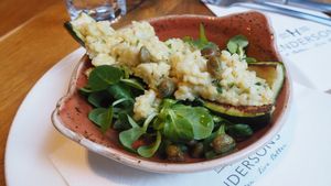 Stuffed Courgette [£4.50] with smoked garlic, cream Sheese risotto and crispy capers at Henderson's Vegan in Edinburgh