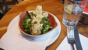 Stuffed Courgette [£4.50] with smoked garlic, cream Sheese risotto and crispy capers at Henderson's Vegan in Edinburgh