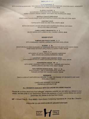 menu at Henderson's Vegan in Edinburgh