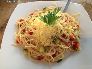 spaghetti with vegan cheese  at Dellago in Vienna
