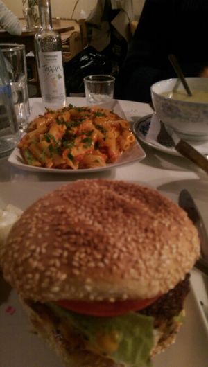 vegan burger, penne tomato pesto, veggie soup at Nonna in Athens