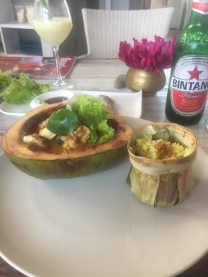 Tempe curry and sticky rice at Malaika Secret Moksha in Sanur