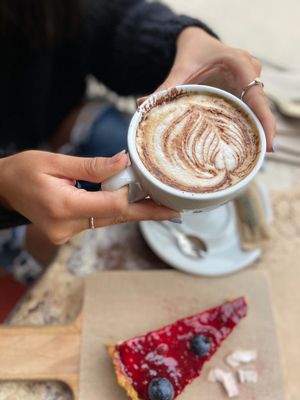 OAT MILK CAPPU
WITH RASPBERRY CHEESECAKE... YUM !! at Organic Market and Food in Marbella