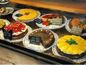 Variety of raw and gluten free cakes  at Organic Market and Food in Marbella