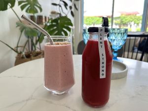 Beetroot juice and “merry berry” frappe  at The Vegan Dinosaur in Davao City