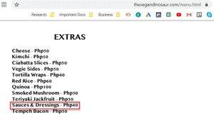 Menu at The Vegan Dinosaur in Davao City
