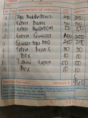 Reciept  at The Vegan Dinosaur in Davao City