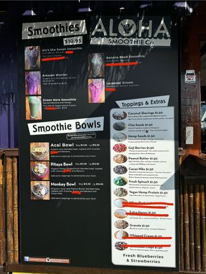 Menu with non-vegan stuff crossed out. (Very customizable though)  at Aloha Smoothie Company in Wildwood