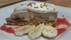 creamy chocolate cream cake with bananas at Chavela Restaurant in Hollywood