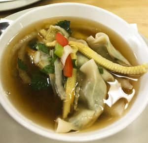 Roast vegetable salad & wonton soup at Papa Bear in Eltham