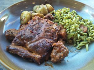 Greek lamb potato pie, roast potatoes, fusili salad at Smith & Deli in Collingwood