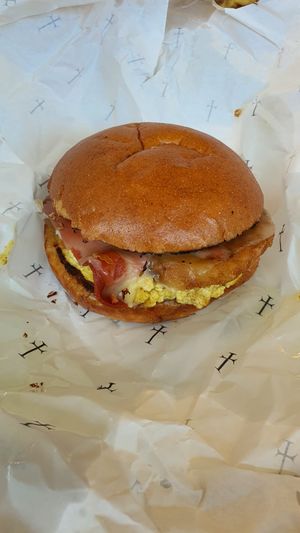 Bacon and egg roll with hash brown at Smith & Deli in Collingwood