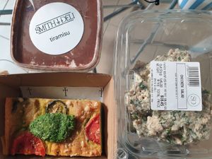 Tiramisu $18: bit too much cocoa powder; Chikn salad $18.45: YUMM; Frittata $8.00: good texture, delish pesto on top otherwise bit bland at Smith & Deli in Collingwood