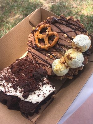 Cookies and cream brownie and choc mousse pretzel tart at Smith & Deli in Collingwood