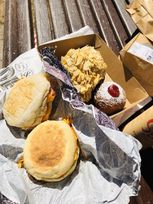 Back and egg rolls, jam donut + almond croissant  at Smith & Deli in Collingwood