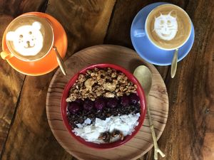 Smoothie bowl and cappuccino  at Smoothie Shop in Jimbaran