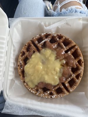 Vegan waffle with rhubarb, vegan custard, maple syrup and powdered sugar  at St John's Farmers Market in St Johns