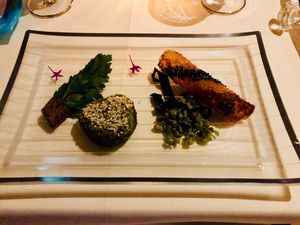 Eggplant, edamame and green peas served with hemp seeds and flatbread at Tudore Tranquility in Tokyo