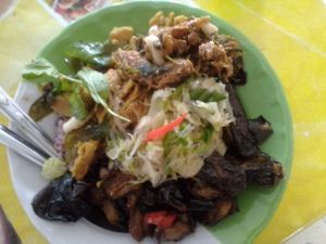 From bottom:  Eggplant, glass noodle, fish curry at Moonya in Mae Sai