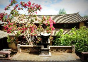 Pear Blossom Shaxi restaurant is tucked into a quiet courtyard of the Pear Orchard Temple - a functioning nunnery for nearly 500 years in Shaxi Yunnan China. Vegetarian friendly cuisine and international wine selection. at Pear Blossom in Shaxi