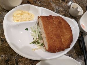 Deep fried 'pork' cutlet, tastes more like beancurd (soy) & very tasty vegan mayo at Green Veggie 天然齋 in Hong Kong Island