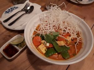 Vegan khao soi. Yellow curry, coconut milk, tofu, vegetables, and rice noodles. Yum.  at Sabai Sabai in Toronto