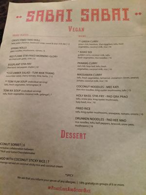 Vegan menu at Sabai Sabai in Toronto