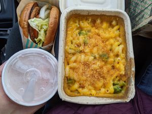Strawberry shake, vegan burger, vegan broccoli mac and cheese at Amy's Drive Thru in Rohnert Park