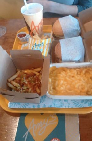 Chili fries, mac & cheese, and vanilla milkshake with two burgers   at Amy's Drive Thru in Rohnert Park
