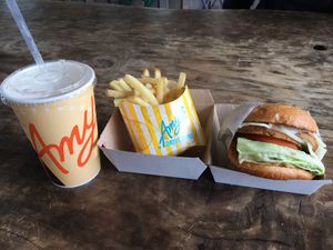 Vegan Amy’s burger with fries and non-dairy shake at Amy's Drive Thru in Rohnert Park