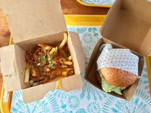 Burger and chili cheese fries. (Vegan) at Amy's Drive Thru in Rohnert Park