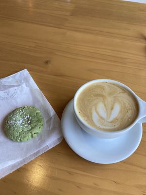 Pistachio cookie and soy latte  at Passion Flour Patisserie in Salt Lake City