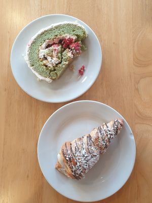 Pistachio rose cake $5.50, St Horn $5.00 at Passion Flour Patisserie in Salt Lake City