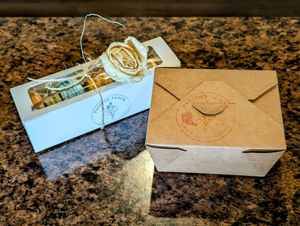 Gift box of macarons and the first part of our take-out order. at Passion Flour Patisserie in Salt Lake City