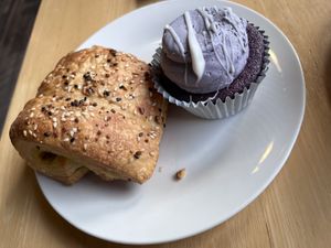 Savory croissant (a tiny bit of tofu inside) and ube cupcake  at Passion Flour Patisserie in Salt Lake City