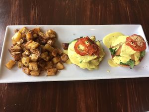 Avocado benny sandwich with potatoes at Passion Flour Patisserie in Salt Lake City