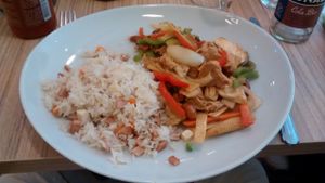 Fake chicken with cashew nuts and Cantonese rice at Vege Saveurs in Paris