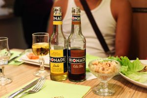 organic limonade and bowl of nuts  at Vege Saveurs in Paris