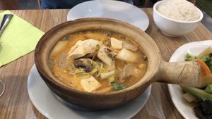 ‘Beef’, Chinese cabbage, mushrooms and tofu in satay sauce  at Vege Saveurs in Paris