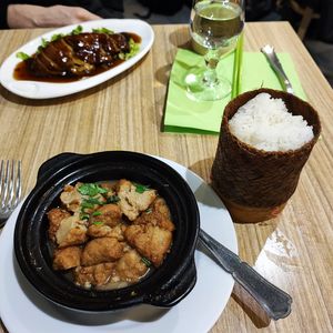 Pecking "duck" on the back, "chicken" ragou and sticky rice 🍚  at Vege Saveurs in Paris