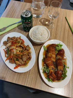 "Beef" wok with pepper, lacquered "duck" with brown sauce at Vege Saveurs in Paris